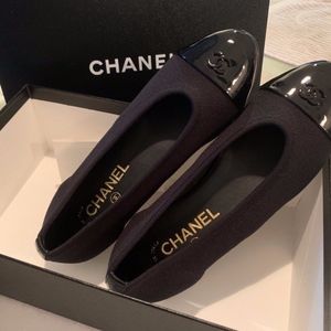 Chanel Fabric Patent Cap Toe Ballet Flats 37.5